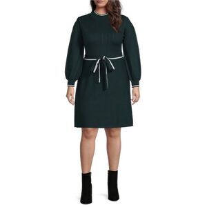 NWT Vince Camuto Plus Size Long Sleeve Tie Waist A-Line Sweater Dress in Spruce